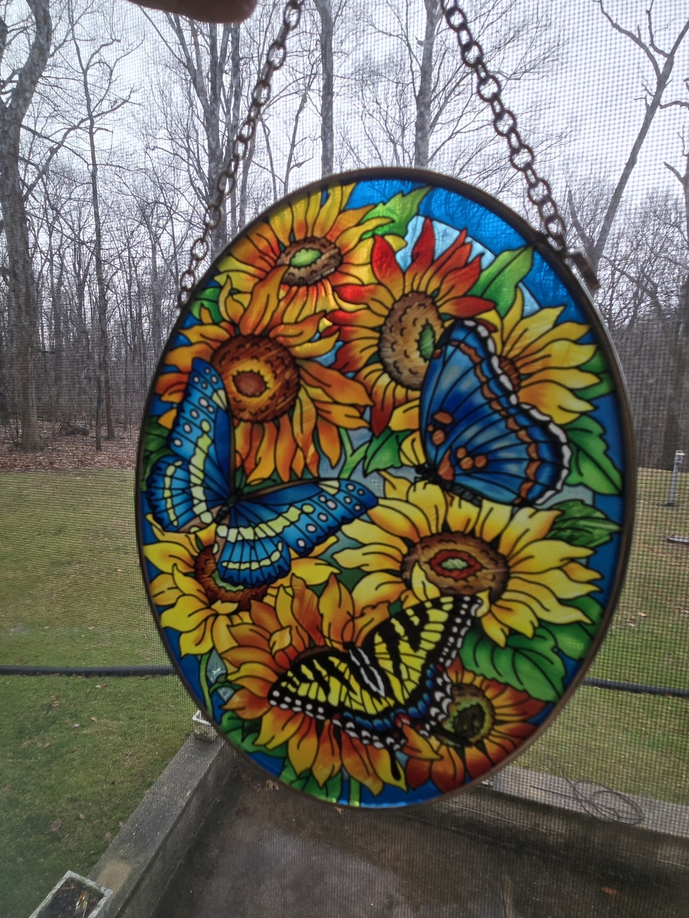 Sunflower & Butterfly Painted Glass Stained Glass Look Hanging Sun Catcher